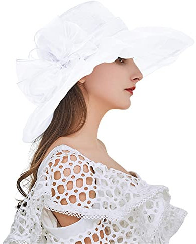 SRZYMJ Weiß Damen Elegante Organza Hut Sommer Sonnenschutz Kappe Cap Temperament Damenhut Mesh Melone Damenmütze mit abnehmbaren Blumen Rüschenhut Faltbarer Hut für Reisen Urlaub Hochzeit Kirche
