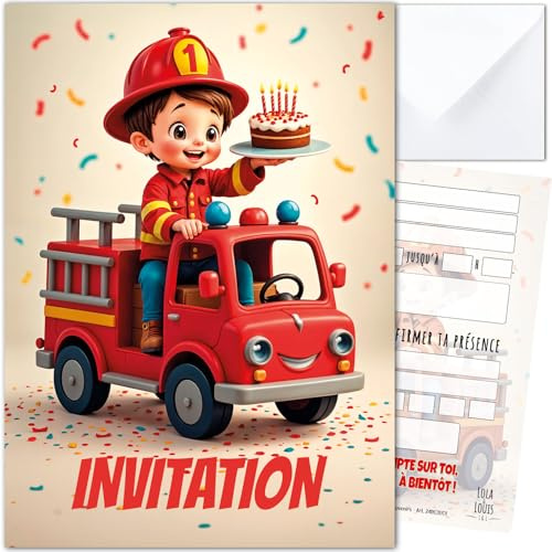 Lola et Louis® • 10 Einladungskarten für Kinder mit Umschlägen • Thema Feuerwehrauto für Geburtstag und Partys • leicht zu befüllen • Einladungen für Mädchen und Jungen • dickes Papier und