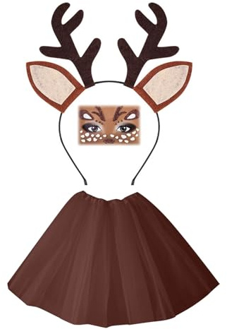 Rentierkostüm - 3 Stück Kostüm Rentier Stirnband Damen Tierkostüm Kinder Mit Rentier Haarreif Mit Ohren Gesichtstattoo Tutu Hörner Hirschohren Für Karneval Halloween Kostüm Tier Ohren Weihnachten