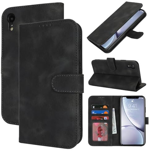Zouzt Hülle für iPhone XR 6,1-Zoll, Stoßfestes PU Leder Handyhülle Lederhülle Klapphülle mit Kartenhalter und Standfunktion Flip Leather Wallet Phone Cover (Vintage Schwarz)