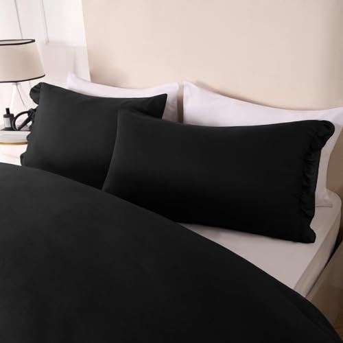 OHS Kingsize Frill Duvet Covers Set, Ultra Soft Cosy Fabric Quilt Covers Decorative Touch Frill Edge Design Microfibre King Size Bedding Set & 2 Pillowcases, Black
