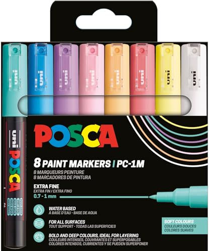 POSCA Uni-Ball 186752 Marker Set, 8 stylos acryliques PC-1MC, marqueur permanent 0,7-1 mm pointe ogive
