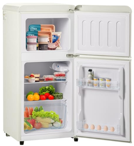 Merax Retro-Kühlschrank mit Gefrierfach, 60 Litern Volumen und 22 Litern Gefrierraum, LED-Licht, Zwei Fächer, 102 kWh/Jahr, Erhältlich in Cremeweiß
