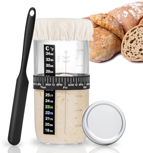 Thyme Space 730ml/25oz Sourdough Starter Jar, Sourdough Bread Baking Container with Date Marked Feeding Band, Thermometer, Silicone Scraper, Cloth Cover & Metal Lid for Family Use