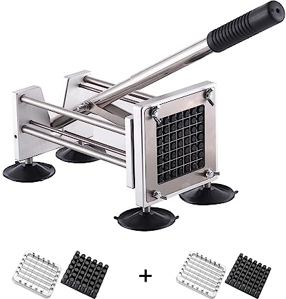 Pommes Frites Schneider, Kartoffelschneider mit abnehmbarem Griff, Edelstahl Kartoffelschneider mit 9mm,12mm Klingen mit 4 Saugfüßen für Kartoffel, Karotte, Gurken