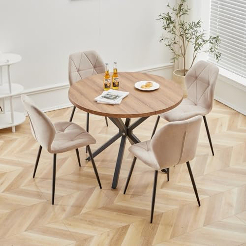 GrandCA HOME Esstisch und Stuhlset, 100 cm Runder Esstisch und 4 Moderne Leinenstühle, für Esszimmer, Küche, Wohnzimmer (Dunkel+ Khaki)