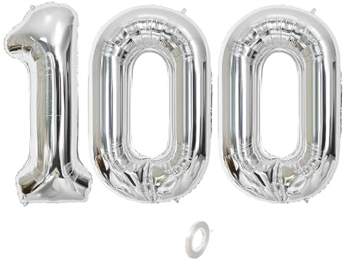 Balorise 40 Pouces Aluminium Ballon Géant Argenté Chiffre 100, Gonflable Hélium, Grand Numéro 0-9, 10-100 (101cm), Décoration de Foil Ballons pour Fête d'anniversaire et Mariage