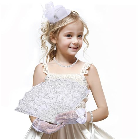 ETOFETE 4PCS Fascinators Mini Hat Set with Necklace Earring Hand Fan and Lace Gloves for Flower Girls Hair Accessories Wedding Party White