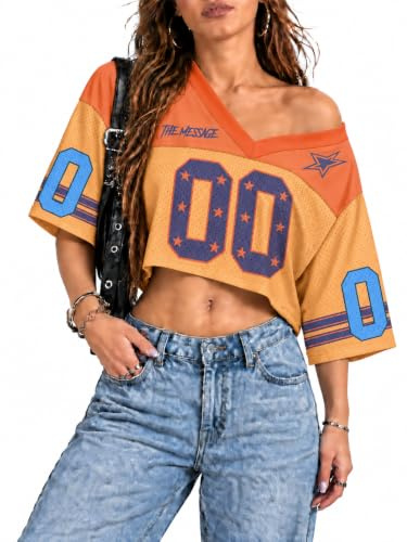 American Football Trikot Damen, Y2K Crop Top, Vintage 90er Hip Hop Shirt, personalisiert Name Nummer, Oversize Streetwear Mädchen, Geschenk Fans, Kurzarm V-Ausschnitt, Cheerleader Outfit, Fanartikel