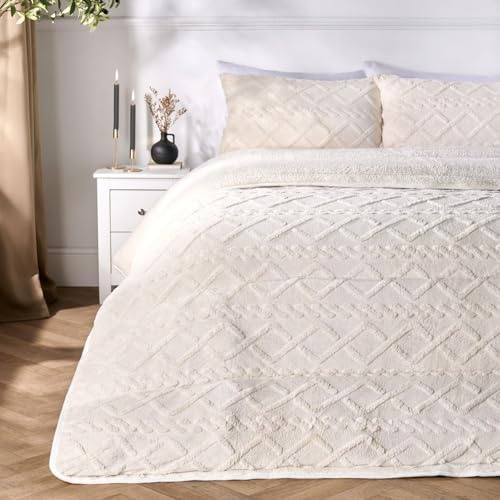 OHS 10.5 Tog Coverless Duvet, Soft Warm Teddy Fleece Cable Knit Design Autumn Winter Coverless Duvet Single Comfy Cosy Washable Quilted Single Duvets with Pillowcase, Cream