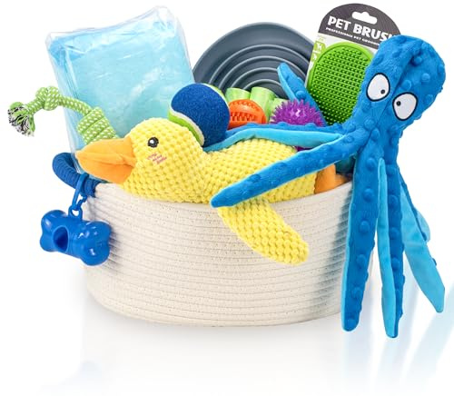 Ousiya Puppy Toys with Essentials Starter Kits for New Puppy Small Dogs | Assorted Puppy Toys, Pee Pads, Slow Feeder, Hair Brush, Poop Bags & Dispenser Included, Large Cotton Dog Toy Box for Storage