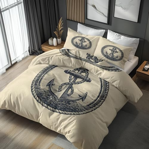 Generisch Bettwäsche 135x200 Küstenlandschaft Nautisch Ankermotive, Weiche Bügelfreie Mikrofaser Bettbezug Set 2tlg, Ozean Maritime Muster Schlafzimmer Deko, 1 Kissenbezug 80x80, mit Reißverschluss