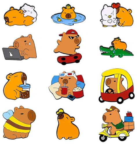 FOSDICK 12 Pièces Broche Capybara, Dessin Animé Broche de Boutons, Broches et Pins pour Femme Filles et Garçons, Mignon Pins Capybara, Capibara Épingles en Émail pour Vetement, Sacs, Vestes, Bricolage