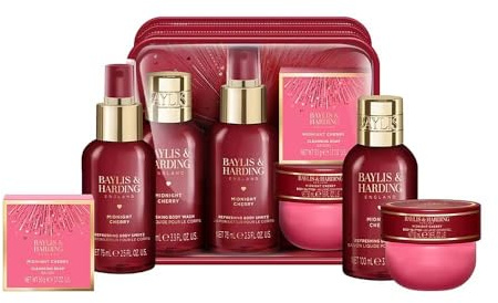 NEW Baylis Harding Midnight Cherry Travel Wash Bag Gift Set, 4-Piece Luxury Bath and Body Collection with Body Wash, Body Spritz, Body Butter, Soap