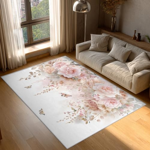 Generisch Rosa Pfingstrose Teppich Wohnzimmer Schlafzimmer, Kurzflor rutschfest Schmetterling Blumen Deko Teppich, Weich Waschbare Teppiche Gegend, 100x150 cm QAZ54