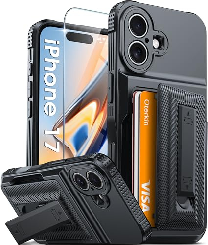 Oterkin for iPhone 17 Wallet Case | 4-5 Card Holder | Stand, Black 6.3 | RFID Blocking, Built-in Kickstand, Full Camera Protection | Heavy Duty Rugged Shockproof Phone Case for iPhone 17 6.3