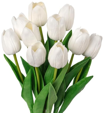 Barlone Tulpen Künstlich Wie Echt, 10 Stück Real Touch PU Tulpen Weiß, Künstliche Blumen für Hochzeitsstrauß, Tischdekoration, Kunstblumen wie Echt als Geschenk zu Muttertag und Valentinstag