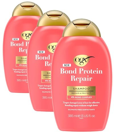 OGX Bond Protein Repair Shampoo, Repair & Protect, with 4percent Bond Complex, Targets Damaged Areas of Hair for Effective Bonding Repair without Weighing It Down, Sulfate Free, 385ml (Pack of 3)