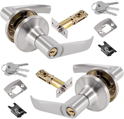Bettinay 2Pack Door Handles with Lock and Key, Silver Aluminium Alloy Handle Internal Wooden Doors for Bedroom Bathroom (25-45mm)