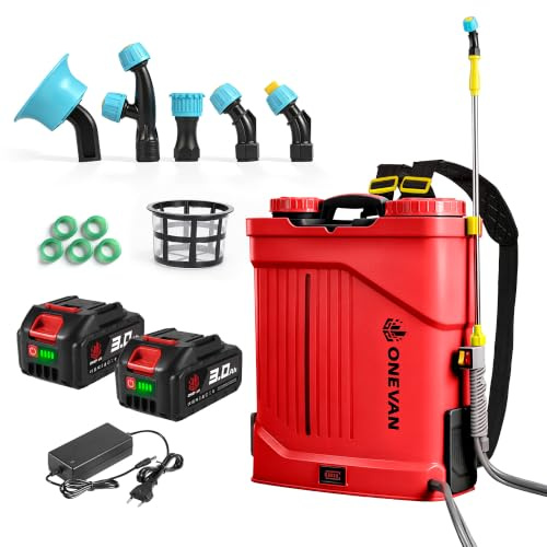 ONEVAN Pompa a Spalla Elettrica 20L Funzione Miscela 5 Ugelli & 2 Batteria | Pressione 0-100 PSI, asta telescopica fino a 41, per 20 serbatoi, 5 ugelli, sistema di miscelazione integrato ed efficiente