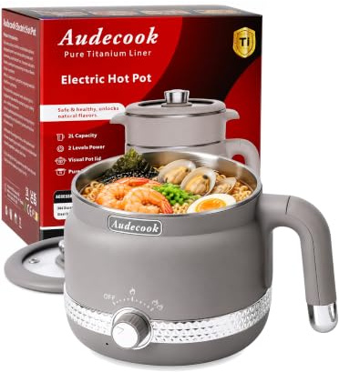 Audecook Electric Hot Pot 2L Pure Titanium Portable Electric Pot Dual Power | Multifunctional Noodle Cooker for Ramen Pasta Oatmeal Soup Eggs, PFAS PFOA PTFE Free, Ideal for Dorm Office Camping Travel