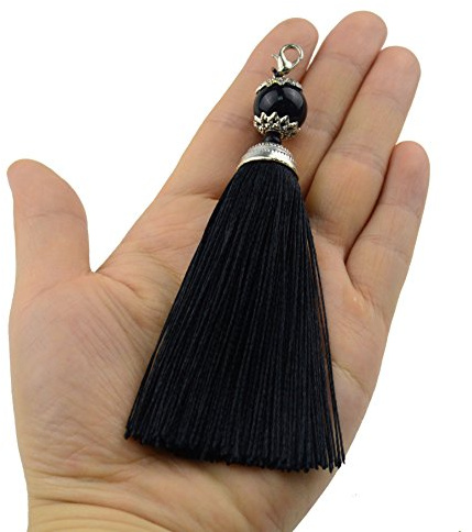 Makhry 10 Stücke 4.5 Zoll Handgemachte Seidige Floss Karabinerverschluss Quaste Schlüsselanhänger Perlen Lesezeichen Quaste Anhänger für DIY Handwerk Schmuck Frauen Ohrring(Schwarz, kurz)