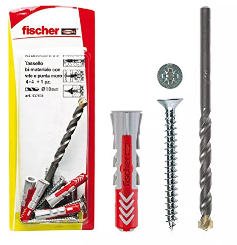 Fischer 4 Tasselli Duopower con Vite e 1 Punta Trapano, 10 x 50 mm, per Muro pieno, Mattone Forato, Cartongesso, 537638