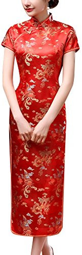 Laogudai Robe de Mariage Femme Longue Rouge Robe Rétro à Manche Courte Robe Asiatique Style Chinoise Qipao Robe Traditionnelle Motif Dragon Phénix 46