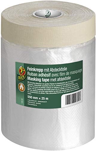 DUCK Feinkrepp mit Abdeckfolie 109-00 – Malerfolie mit Kreppband für innen – Malerkreppband zum Streichen & Lackieren – 550mm x 25m
