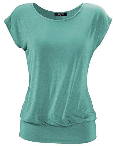 DOTIN Damen T-Shirt Rundhals Kurzarmshirt Allover Durck Stretch Tunika Casual Oberteil Bluse Tops, Grün, M