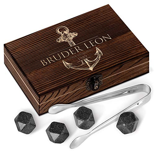 Maverton Whisky Steine Set in Holzbox mit Gravur, 6 Granit Eiswürfel | 6 Eiswürfel + Zange + Velourbeutel, wiederverwendbar, aus Granit, Geschenk für Männer, Guter Jahrgang