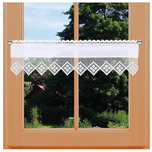 Feenhaus-Scheibengardine Lydia Vogtländische Spitze in weiß | Landhaus-Spitzengardine in geometrischer Häkelmusteroptik | fein gestickter Scheibenhänger mit Blumenmuster Höhe x Breite 21 x 80 cm
