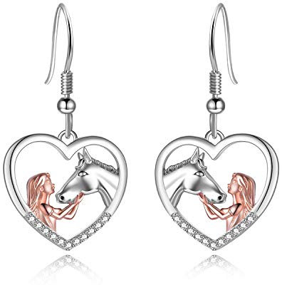 YFN Rose Gold Horse Ohrringe Schmuck Sterling Silber Horse Drop Ohrringe Mädchen Umarmung Pferd Geschenk für Mädchen (Rosenpferd mit Mädchenohrringen)