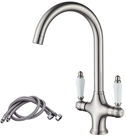 NewEast Kitchen Taps,Dual Lever Brushed Nickel Kitchen Mixer Sink Tap with 360 Degree Swivel Spout and Flexi Hoses
