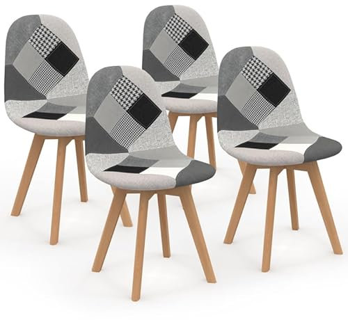 IDMarket - Lot de 4 chaises scandinaves SARA Motifs patchworks Noirs, Gris et Blancs