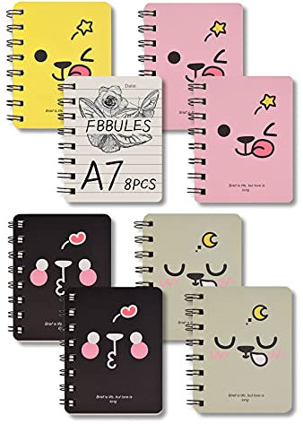 FBBULES Mini Notizbuch A7 Spirale, 8 Stück Notizblock Klein,160 Seiten/80 Blatt Tragbar Kawaii Emoticon Notizblöcke Memo Liniert für Kinder Büro Schule, 8.2x10.5cm (Emoticon Stil)