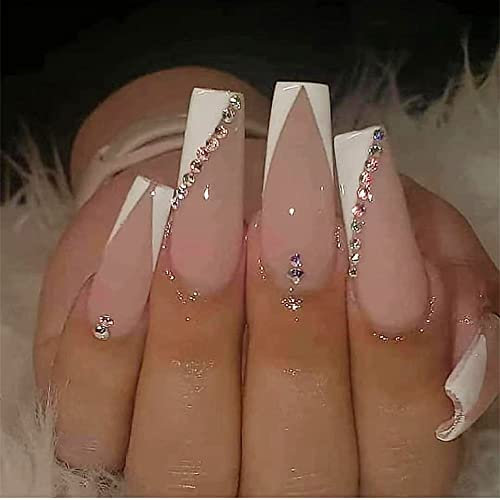 24PCS Long Coffin False Nails with Glue Stickers, Ballerina Full Cover Acrylic Press on Nails no Glue,White V French Fake Nails for Women and Girls Nail Art.