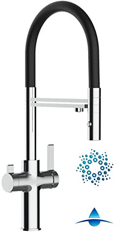 4 Wege Wasserhahn Küchenarmatur Spültischmischer VZFC, Verchromt, mit 360° schwenkbarem Schwarz Auslauf, abnehmbare 2 strahl Handbrause