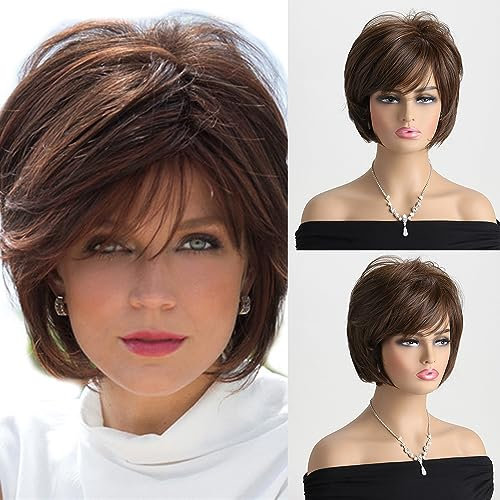 AUBWIG Court Marron Bob Perruque Pixie Charmant Style Fluffy avec Frange Naturel Synthétique Cheveux Courts Perruque Utilisation Quotidienne Cheveux (Marron #3B)