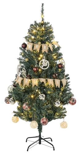 HOMCOM 5ft Pre Lit Artificial Christmas Tree Holiday Décor with 100 Warm White LED Lights and 472 Tips, Banner, Ball, Tag, Tree Decoration, Auto Open
