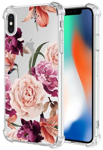 Jhxtech Phone Case for iPhone XS Case, iPhone X girls women, Slim Shockproof Clear Floral Pattern Soft Flexible TPU Protective Cover for Apple iPhone XS/X Purple flower