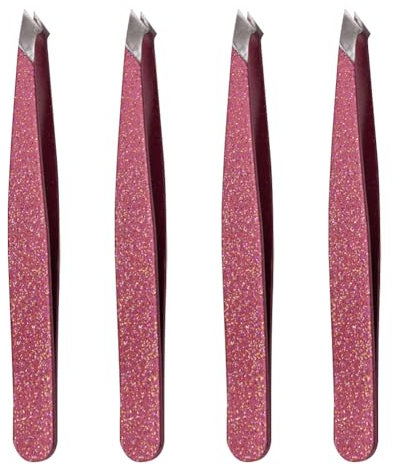 Lot de 4 pinces à épiler à pointe inclinée en acier inoxydable pour épilation du visage, des cils, des sourcils, des échardes - Pour soins personnels - Rose pailleté