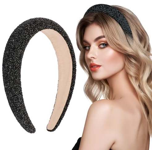 Serre-Tête Noir, Serre Tête Femme Scintillantes Bandeau Épais Rembourré pour Cheveux de Festival Femmes Filles-Noir