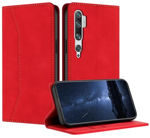 Mo-Beauty Hülle Kompatibel mit Xiaomi Mi Note 10 / Xiaomi Mi Note 10 PRO, Handyhülle PU Leder Flip Wallet Wallet Klappbare Stoßfest Schutzhülle Magnet Kartenfach Ledertasche Klapphülle Case (Rot)