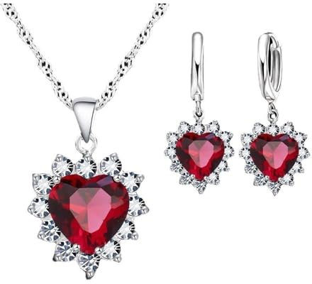 FDEETY Damen Schmuckset Herz Kristall Anhänger Halskette Ohrringe Set für Frauen Mädchen Brautschmuck Set Schmuckset (Rot)