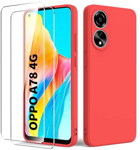 Byvuwiay Cover per Oppo A78 4G con 2 Vetro Temperato Pellicola Protettiva, Custodia in TPU Ultra Sottile Antiurto Anti-Scratch Case, Rosso