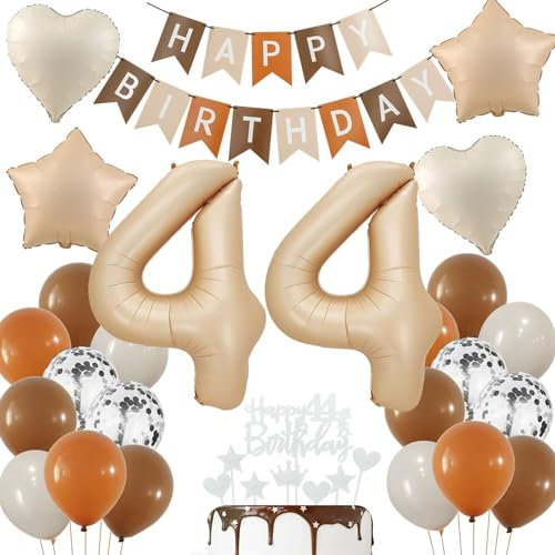 Haosell 44. Geburtstag Deko: Beige und Braun, Retro Boho, Enthlt 32 Zoll '44' Ballon, 'HAPPY BIRTHDAY' Banner, Sterne, Herzen, Luftballons, Konfetti, Tortendeko, Klebeband, Rollenband