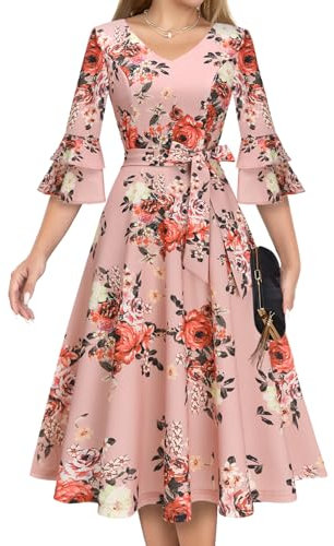 DRESSTELLS Damen Audrey Hepburn Kleid mit niedlichen Ärmeln Elegant Party Cocktail Formal Hochzeitsgast LangarmAbendkleid 50er Jahre Kleider Blush Flower XL