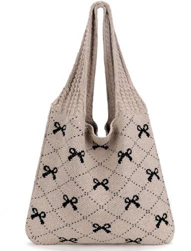KPX Häkeltasche, Strand-Netz-Strick-Umhängetasche, große ästhetische Hobo-Tasche für Damen, Sommer, B-schwarz, Bow Style, B-Schwarz