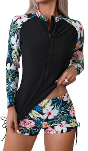 Owntop 2-Piece Rash Guard Rash Vest Women, Long Sleeve Swimsuits UV UPF 50+ Swim Shirt, Zipper Floral Bathing Suit with High Waist Boyshort Bottom, for Swimming Surfing, Black S
